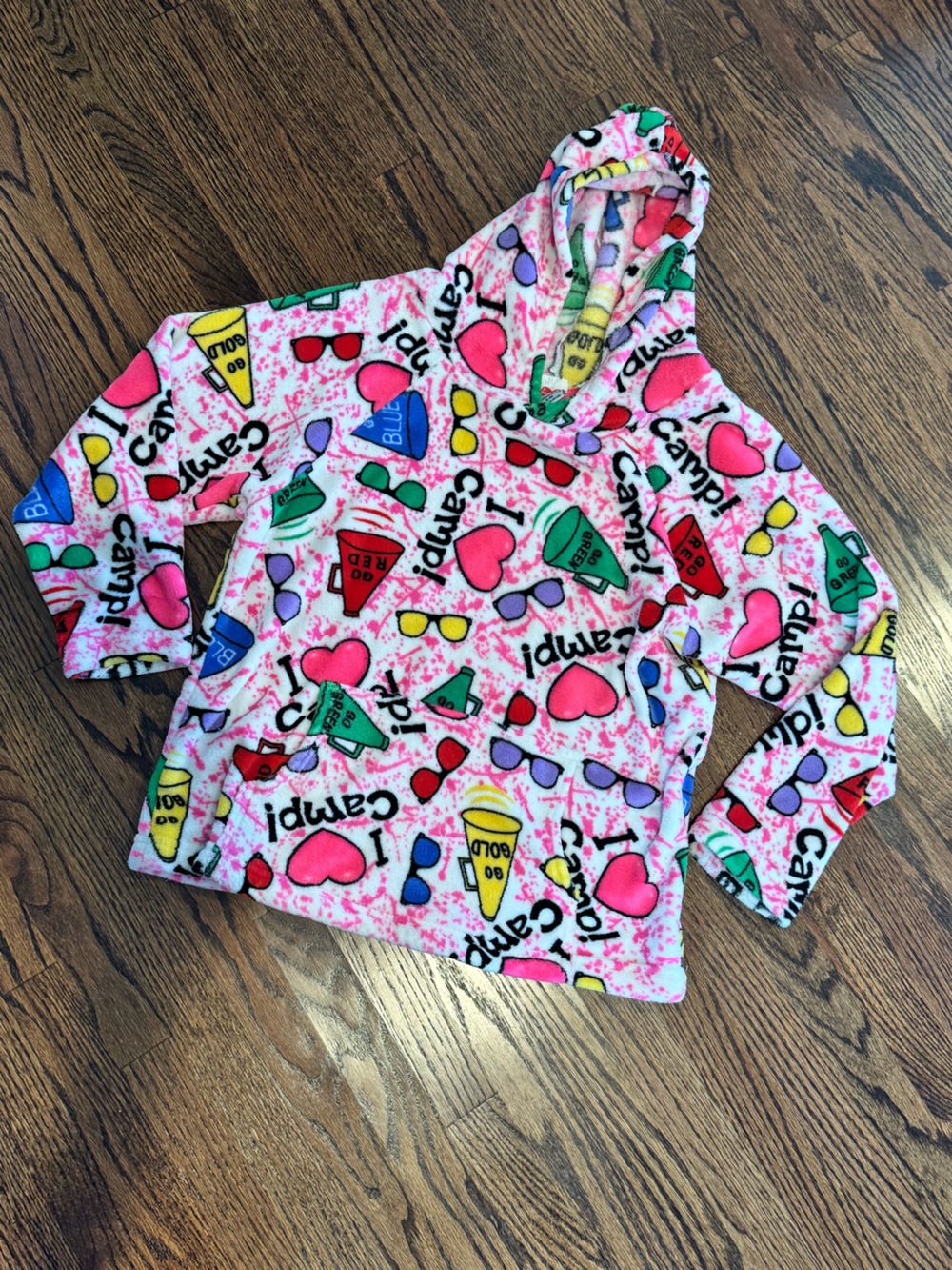 Juniors / women’s / kids Hooded Fleece Camp Pullover - Pink Multi Print